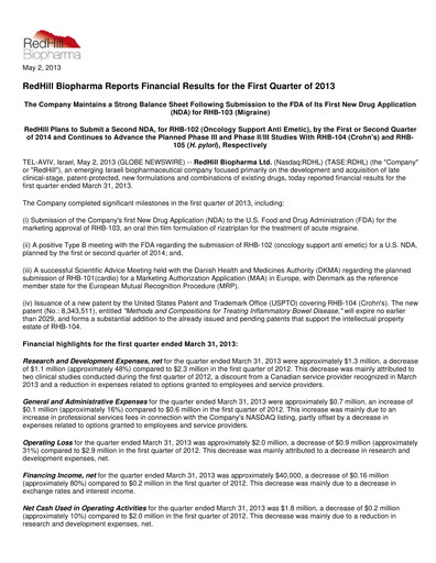 Thumbnail Redhill Biopharma Financial Report 2013-q1