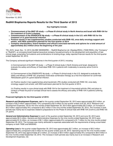 Thumbnail Redhill Biopharma Financial Report 2013-q3