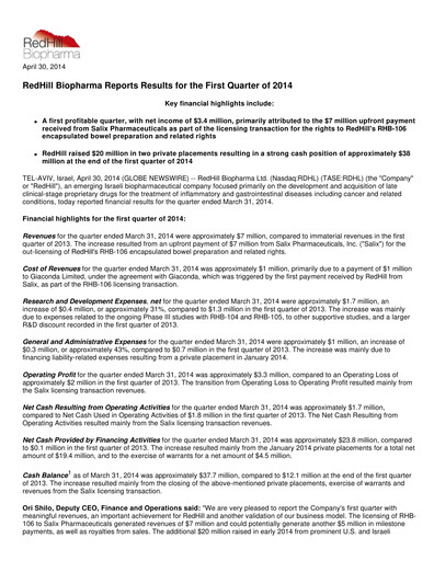Thumbnail Redhill Biopharma Financial Report 2014-q1