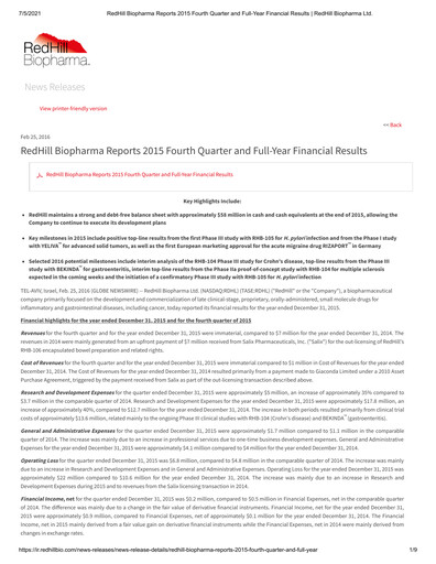 Thumbnail Redhill Biopharma Financial Report 2015