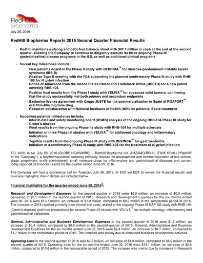 Thumbnail Redhill Biopharma Financial Report 2016-q2