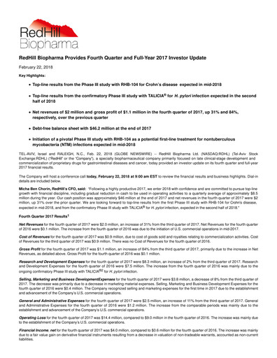 Thumbnail Redhill Biopharma Financial Report 2017