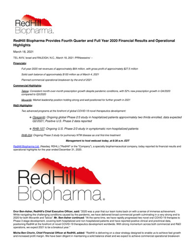 Thumbnail Redhill Biopharma Financial Report 2020