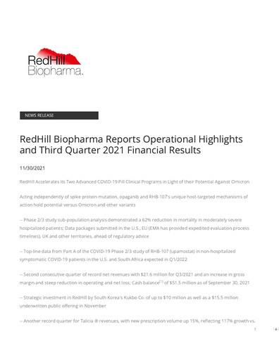 Thumbnail Redhill Biopharma Financial Report 2021-q3