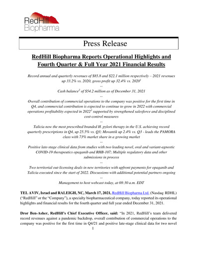 Thumbnail Redhill Biopharma Financial Report 2021