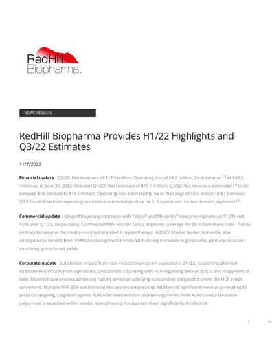 Thumbnail Redhill Biopharma Financial Report 2022-q2