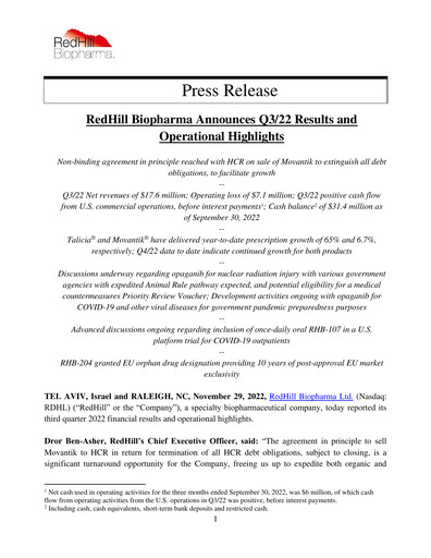 Thumbnail Redhill Biopharma Financial Report 2022-q3