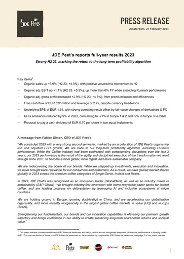 Miniature JDE Peet's Rapport financier 2023