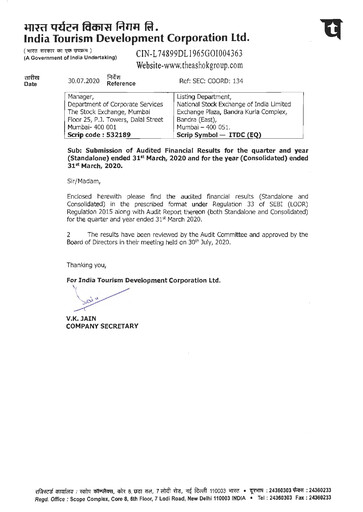 Thumbnail India Tourism Development Corp Financial Report 2019-2020
