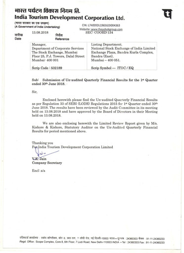 Thumbnail India Tourism Development Corp Quarterly Report 2018-q1