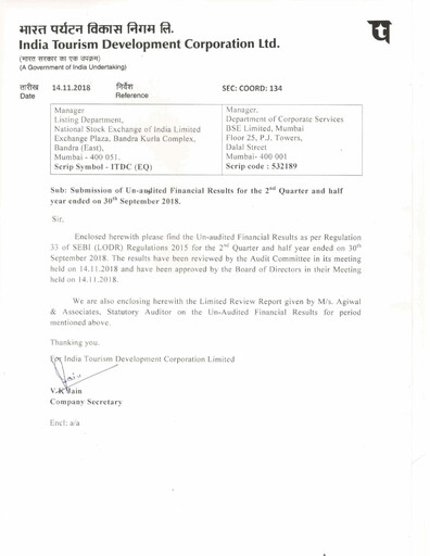 Thumbnail India Tourism Development Corp Quarterly Report 2018-q2