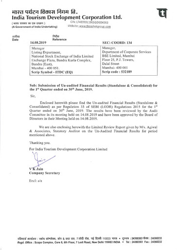 Thumbnail India Tourism Development Corp Quarterly Report 2019-q1