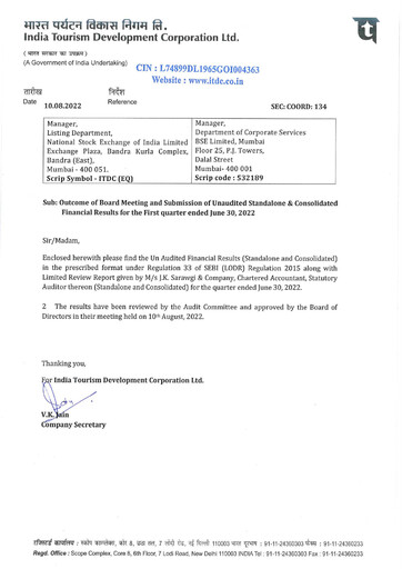 Thumbnail India Tourism Development Corp Quarterly Report 2022-q1