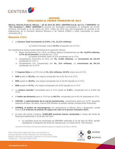 Thumbnail Gentera, S.A.B. de C.V. Quarterly Report 2014-q1