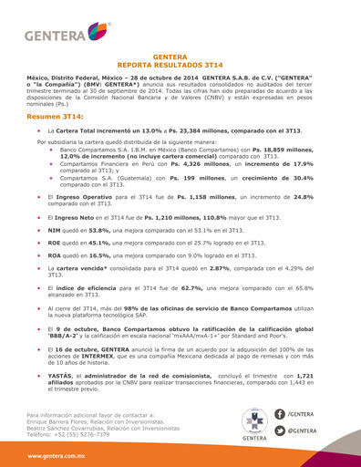 Thumbnail Gentera, S.A.B. de C.V. Quarterly Report 2014-q3