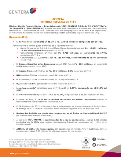 Thumbnail Gentera, S.A.B. de C.V. Quarterly Report 2014-q4