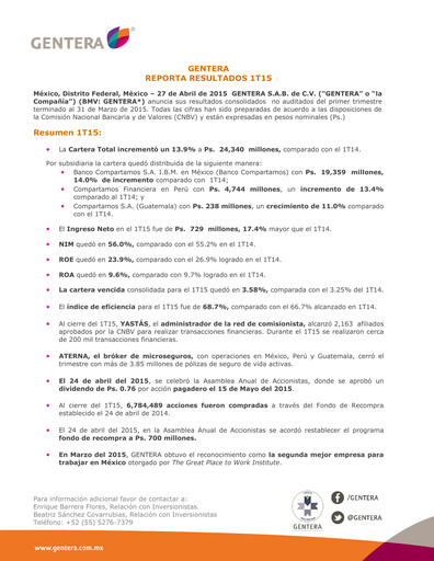 Thumbnail Gentera, S.A.B. de C.V. Quarterly Report 2015-q1