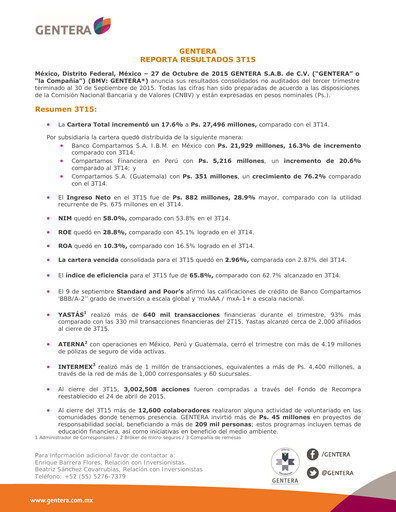 Thumbnail Gentera, S.A.B. de C.V. Quarterly Report 2015-q3
