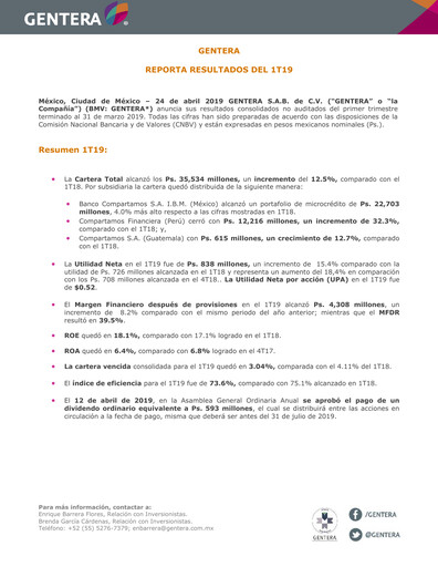 Thumbnail Gentera, S.A.B. de C.V. Quarterly Report 2019-q1