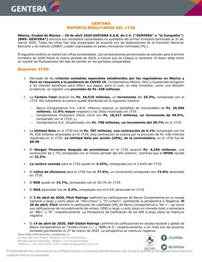 Thumbnail Gentera, S.A.B. de C.V. Quarterly Report 2020-q1