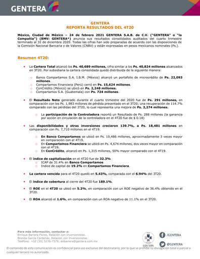 Thumbnail Gentera, S.A.B. de C.V. Quarterly Report 2020-q4