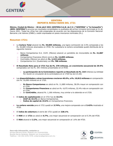 Thumbnail Gentera, S.A.B. de C.V. Quarterly Report 2021-q1