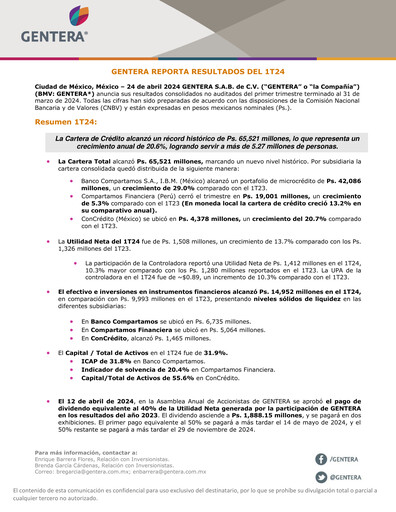Vorschaubild Gentera, S.A.B. de C.V. Quartalsbericht 2024-q1