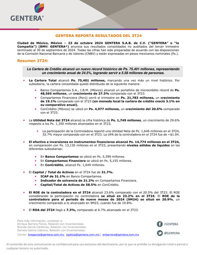 Vorschaubild Gentera, S.A.B. de C.V. Quartalsbericht 2024-q3