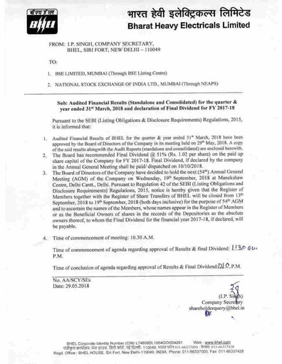 Thumbnail Bharat Heavy Electricals Limited Financial Statement 2017-2018