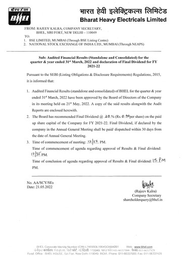 Thumbnail Bharat Heavy Electricals Limited Financial Statement 2021-2022
