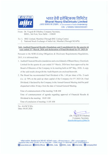 Vorschaubild Bharat Heavy Electricals Limited Finanzmitteilung 2025-2026