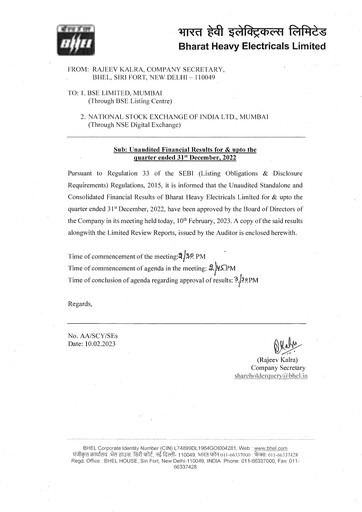 Thumbnail Bharat Heavy Electricals Limited Quarterly Report 2022-q3