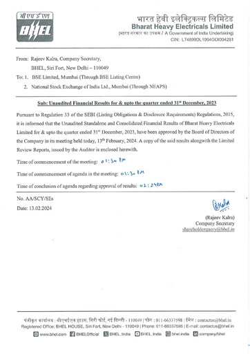 Thumbnail Bharat Heavy Electricals Limited Quarterly Report 2023-q3
