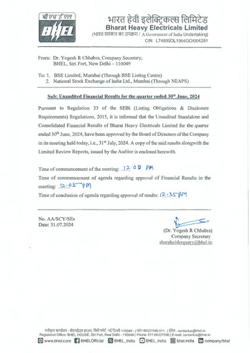 Thumbnail Bharat Heavy Electricals Limited Quarterly Report 2024-q1
