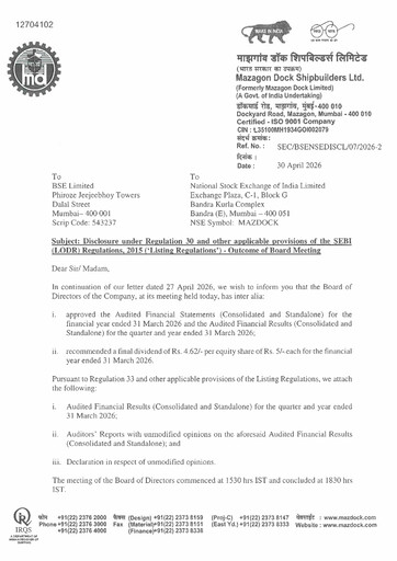 Thumbnail Mazagon Dock Shipbuilders Limited Financial Statement 2026