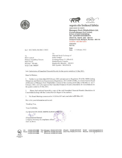 Thumbnail Mazagon Dock Shipbuilders Limited Quarterly Report 2021-q3