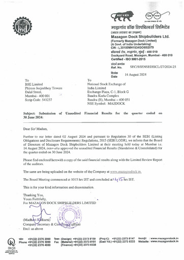 Thumbnail Mazagon Dock Shipbuilders Limited Quarterly Report 2024-q1