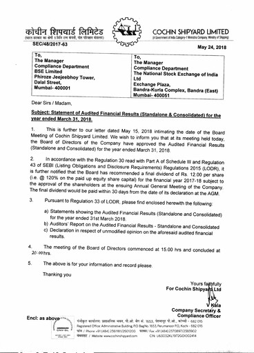 Thumbnail Cochin Shipyard Limited Financial Statement 2017-2018