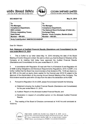Thumbnail Cochin Shipyard Limited Financial Statement 2018-2019