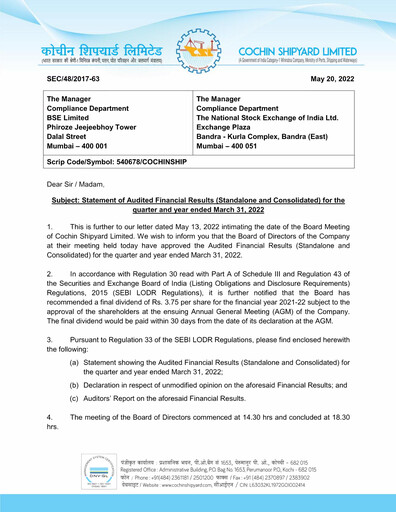 Thumbnail Cochin Shipyard Limited Financial Statement 2021-2022