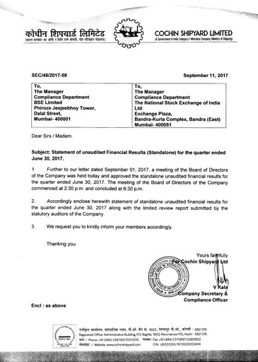 Vorschaubild Cochin Shipyard Limited Quartalsbericht 2017-q1