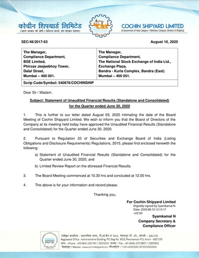 Vorschaubild Cochin Shipyard Limited Quartalsbericht 2020-q1