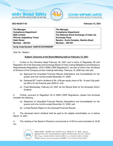 Vorschaubild Cochin Shipyard Limited Quartalsbericht 2020-q3