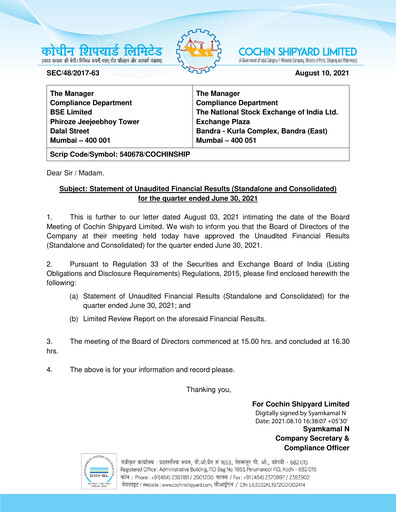 Vorschaubild Cochin Shipyard Limited Quartalsbericht 2021-q1