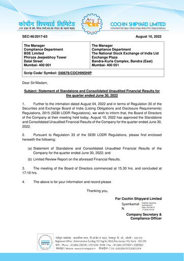 Vorschaubild Cochin Shipyard Limited Quartalsbericht 2022-q1