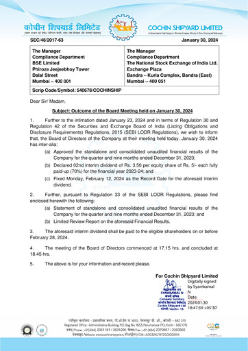 Vorschaubild Cochin Shipyard Limited Quartalsbericht 2023-q3