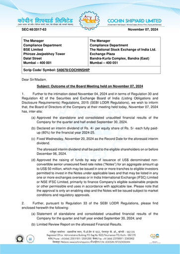 Vorschaubild Cochin Shipyard Limited Quartalsbericht 2024-q2