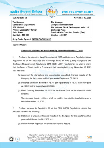 Vorschaubild Cochin Shipyard Limited Quartalsbericht 2025-q2