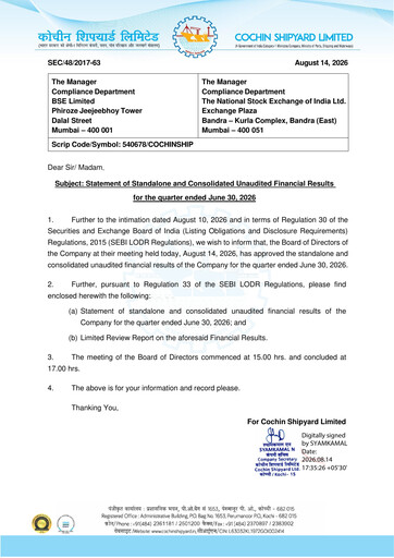 Vorschaubild Cochin Shipyard Limited Quartalsbericht 2026-q1