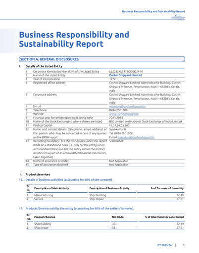 Thumbnail Cochin Shipyard Limited Sustainability Report 2023-2024